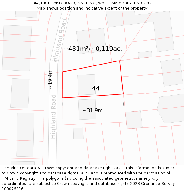 44, HIGHLAND ROAD, NAZEING, WALTHAM ABBEY, EN9 2PU: Plot and title map