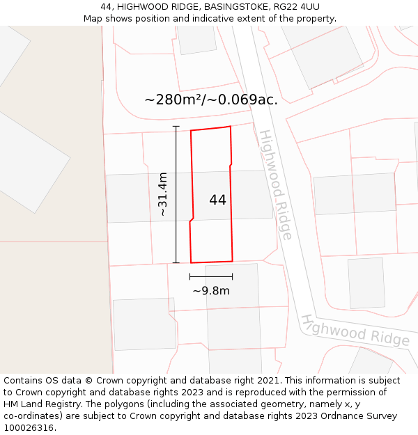 44, HIGHWOOD RIDGE, BASINGSTOKE, RG22 4UU: Plot and title map