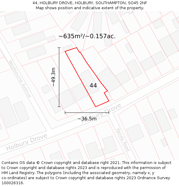 44, HOLBURY DROVE, HOLBURY, SOUTHAMPTON, SO45 2NF: Plot and title map