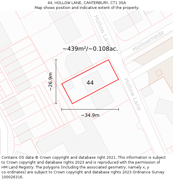 44, HOLLOW LANE, CANTERBURY, CT1 3SA: Plot and title map