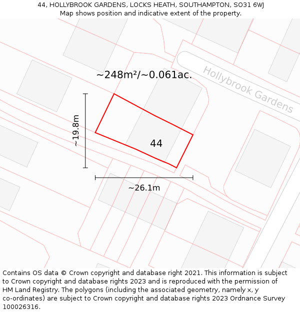 44, HOLLYBROOK GARDENS, LOCKS HEATH, SOUTHAMPTON, SO31 6WJ: Plot and title map