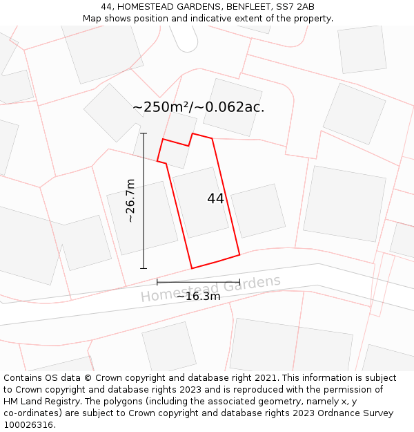 44, HOMESTEAD GARDENS, BENFLEET, SS7 2AB: Plot and title map