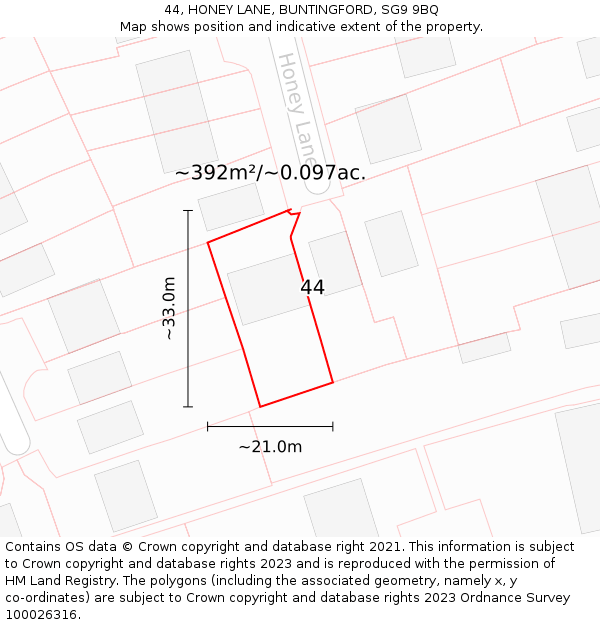 44, HONEY LANE, BUNTINGFORD, SG9 9BQ: Plot and title map