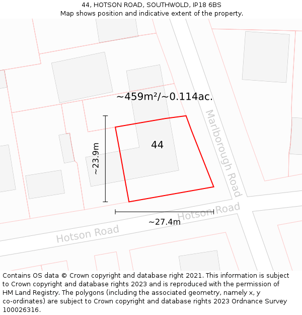 44, HOTSON ROAD, SOUTHWOLD, IP18 6BS: Plot and title map