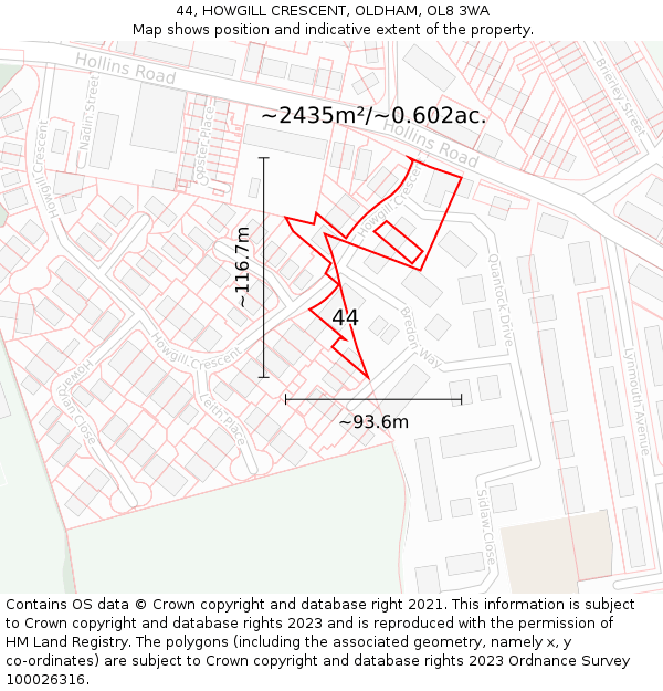 44, HOWGILL CRESCENT, OLDHAM, OL8 3WA: Plot and title map