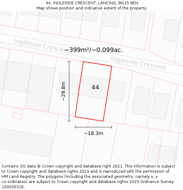 44, INGLESIDE CRESCENT, LANCING, BN15 8EN: Plot and title map