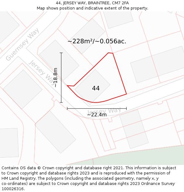 44, JERSEY WAY, BRAINTREE, CM7 2FA: Plot and title map