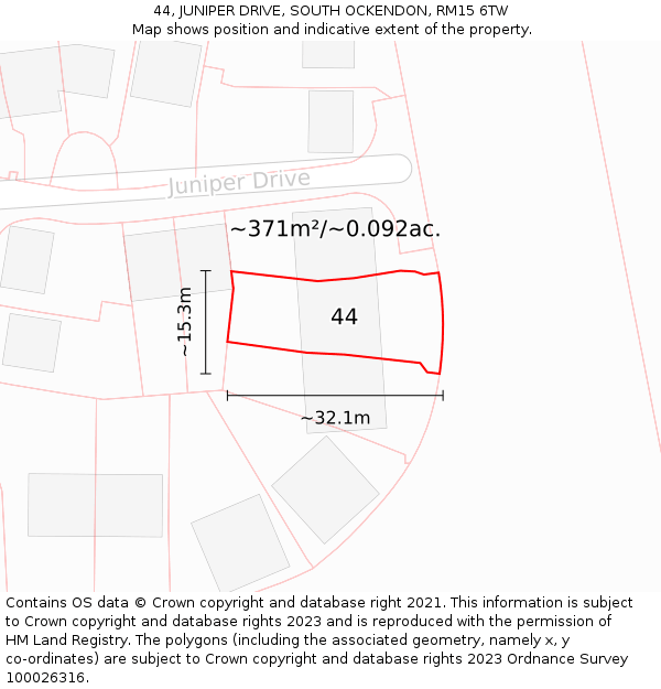 44, JUNIPER DRIVE, SOUTH OCKENDON, RM15 6TW: Plot and title map