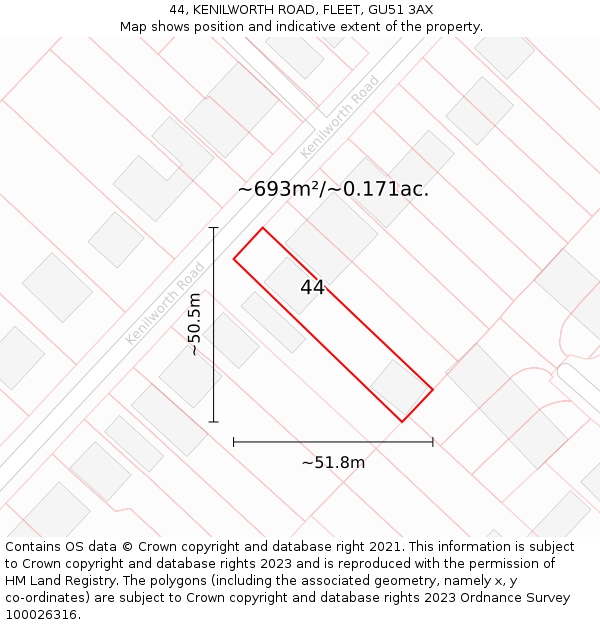 44, KENILWORTH ROAD, FLEET, GU51 3AX: Plot and title map