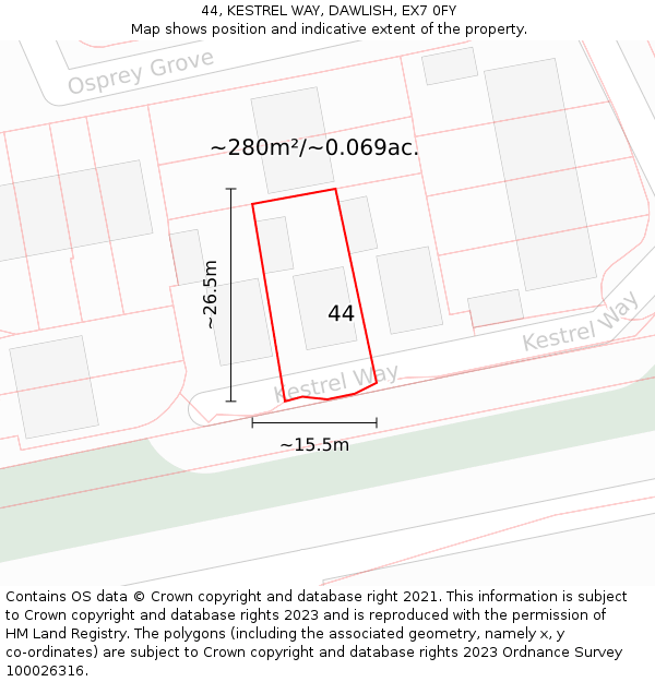 44, KESTREL WAY, DAWLISH, EX7 0FY: Plot and title map