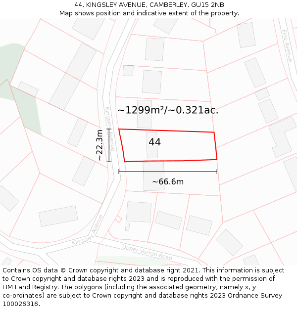 44, KINGSLEY AVENUE, CAMBERLEY, GU15 2NB: Plot and title map