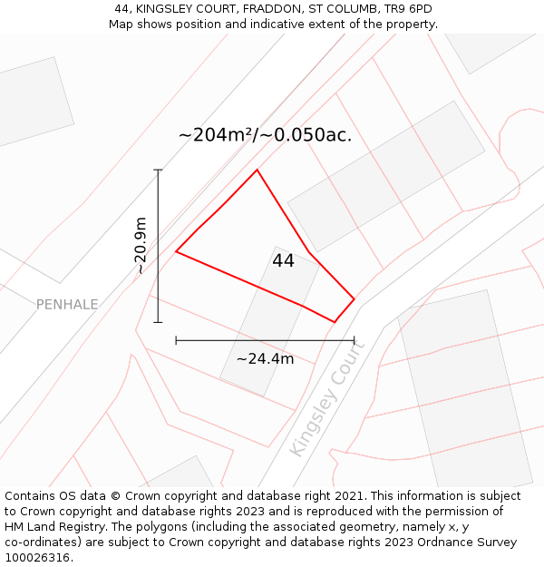 44, KINGSLEY COURT, FRADDON, ST COLUMB, TR9 6PD: Plot and title map