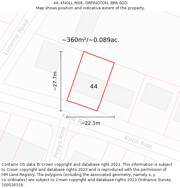 44, KNOLL RISE, ORPINGTON, BR6 0DD: Plot and title map