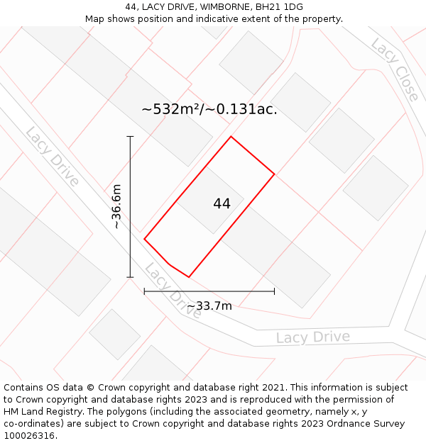 44, LACY DRIVE, WIMBORNE, BH21 1DG: Plot and title map