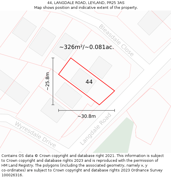 44, LANGDALE ROAD, LEYLAND, PR25 3AS: Plot and title map