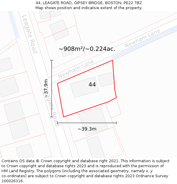 44, LEAGATE ROAD, GIPSEY BRIDGE, BOSTON, PE22 7BZ: Plot and title map