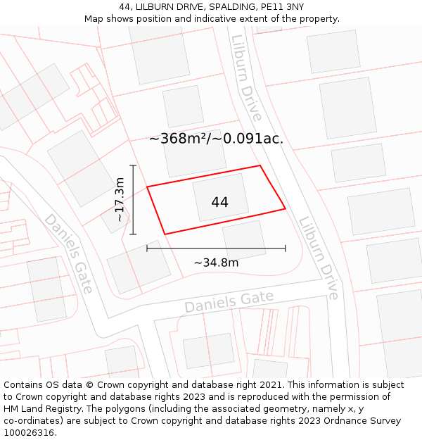 44, LILBURN DRIVE, SPALDING, PE11 3NY: Plot and title map