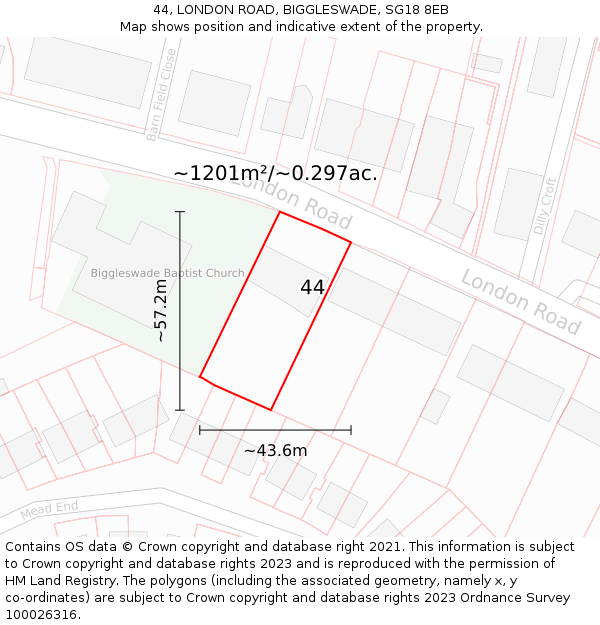 44, LONDON ROAD, BIGGLESWADE, SG18 8EB: Plot and title map