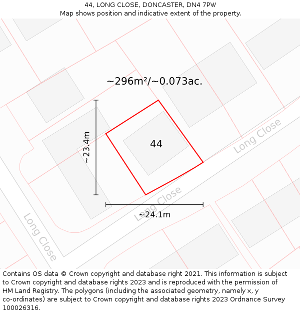 44, LONG CLOSE, DONCASTER, DN4 7PW: Plot and title map