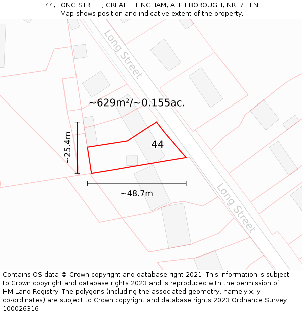 44, LONG STREET, GREAT ELLINGHAM, ATTLEBOROUGH, NR17 1LN: Plot and title map