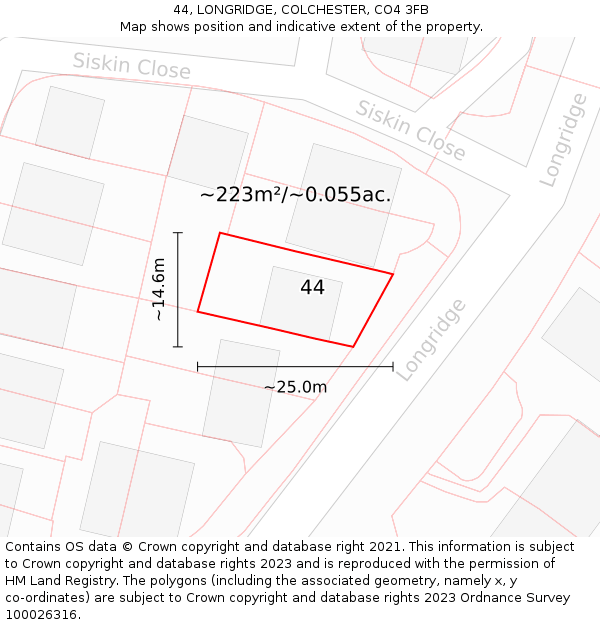 44, LONGRIDGE, COLCHESTER, CO4 3FB: Plot and title map