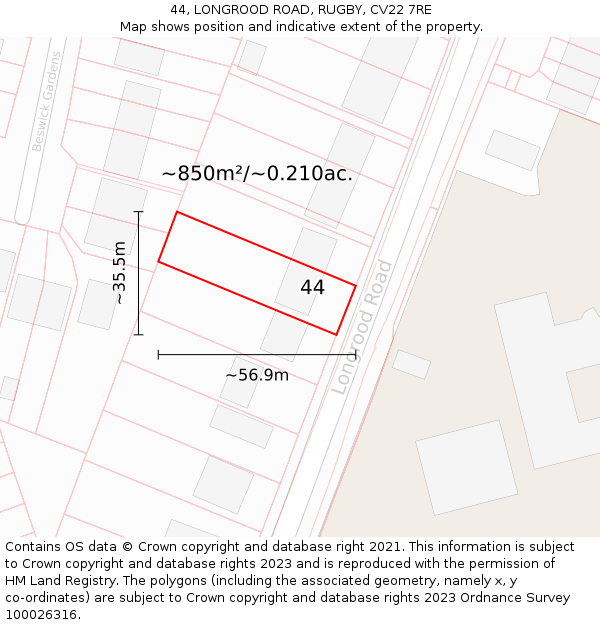 44, LONGROOD ROAD, RUGBY, CV22 7RE: Plot and title map