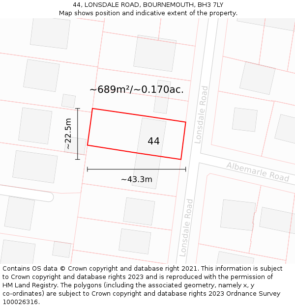 44, LONSDALE ROAD, BOURNEMOUTH, BH3 7LY: Plot and title map