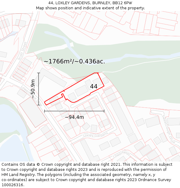 44, LOXLEY GARDENS, BURNLEY, BB12 6PW: Plot and title map