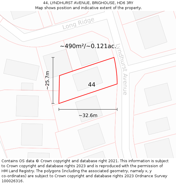 44, LYNDHURST AVENUE, BRIGHOUSE, HD6 3RY: Plot and title map