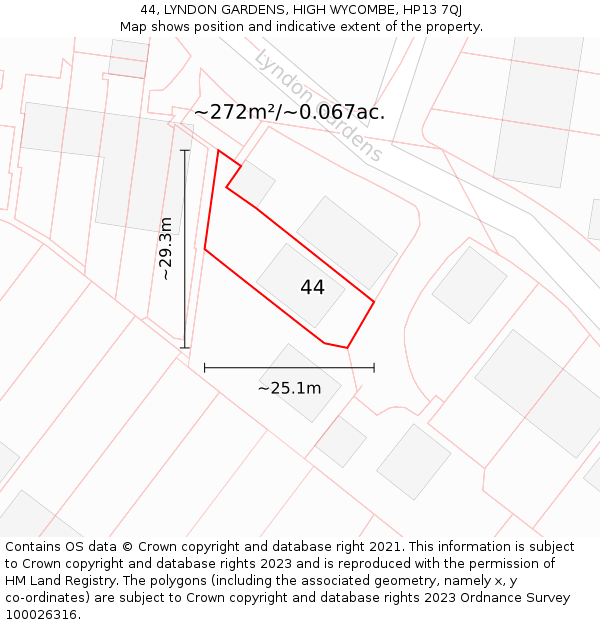 44, LYNDON GARDENS, HIGH WYCOMBE, HP13 7QJ: Plot and title map