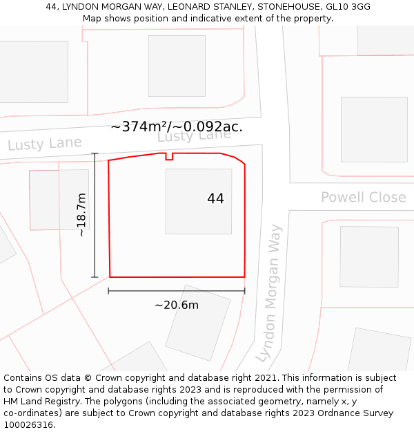 44, LYNDON MORGAN WAY, LEONARD STANLEY, STONEHOUSE, GL10 3GG: Plot and title map