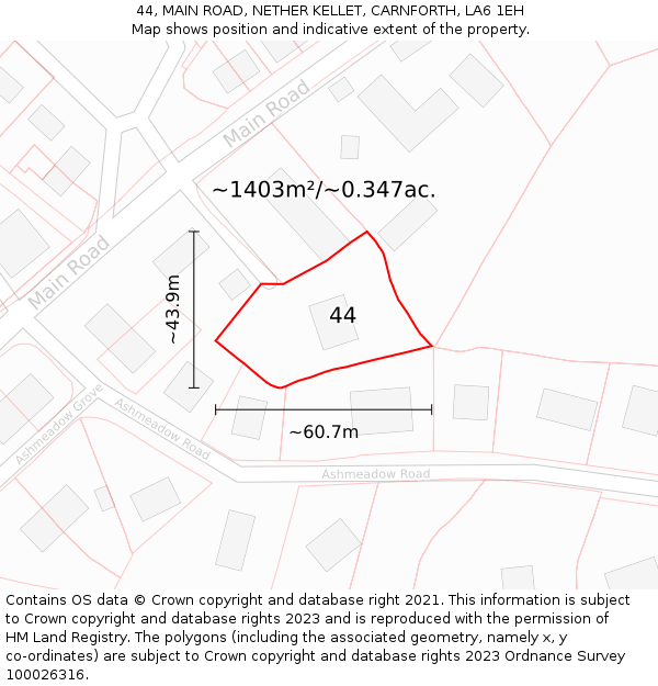 44, MAIN ROAD, NETHER KELLET, CARNFORTH, LA6 1EH: Plot and title map