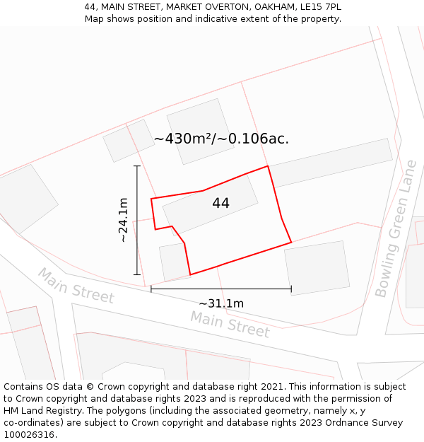 44, MAIN STREET, MARKET OVERTON, OAKHAM, LE15 7PL: Plot and title map