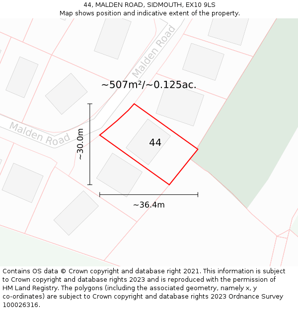 44, MALDEN ROAD, SIDMOUTH, EX10 9LS: Plot and title map