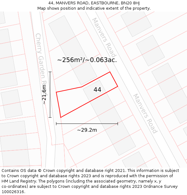 44, MANVERS ROAD, EASTBOURNE, BN20 8HJ: Plot and title map