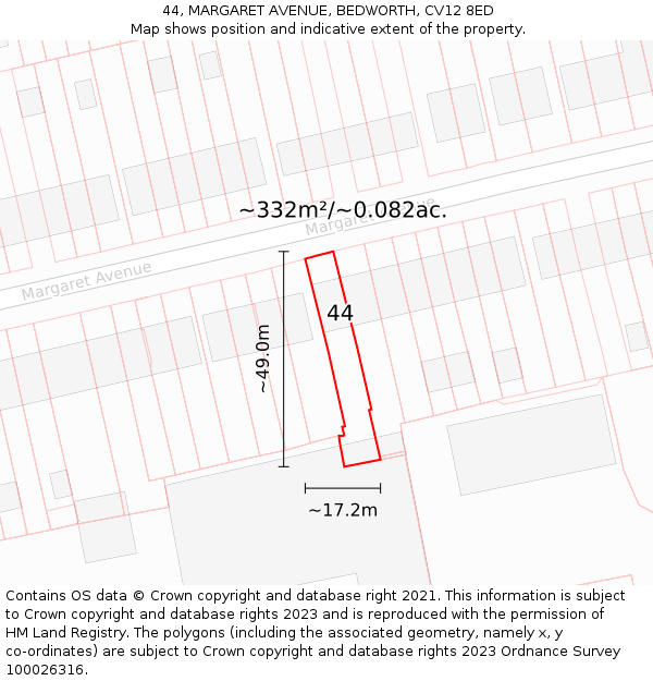 44, MARGARET AVENUE, BEDWORTH, CV12 8ED: Plot and title map