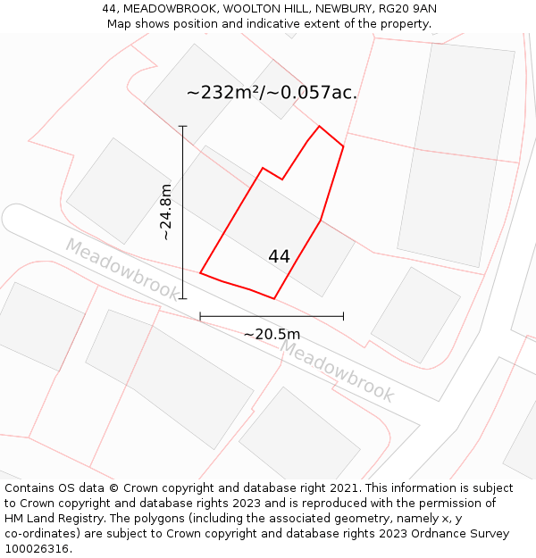 44, MEADOWBROOK, WOOLTON HILL, NEWBURY, RG20 9AN: Plot and title map