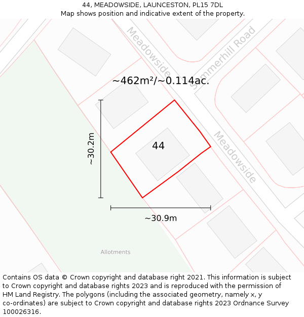44, MEADOWSIDE, LAUNCESTON, PL15 7DL: Plot and title map