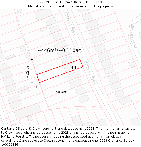 44, MILESTONE ROAD, POOLE, BH15 3DS: Plot and title map