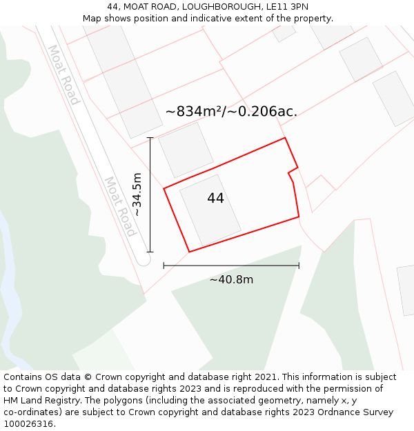 44, MOAT ROAD, LOUGHBOROUGH, LE11 3PN: Plot and title map