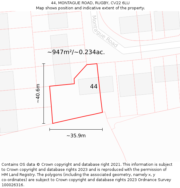 44, MONTAGUE ROAD, RUGBY, CV22 6LU: Plot and title map