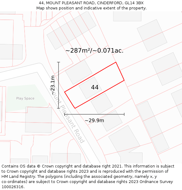 44, MOUNT PLEASANT ROAD, CINDERFORD, GL14 3BX: Plot and title map