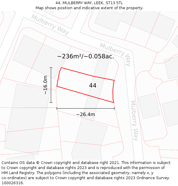 44, MULBERRY WAY, LEEK, ST13 5TL: Plot and title map