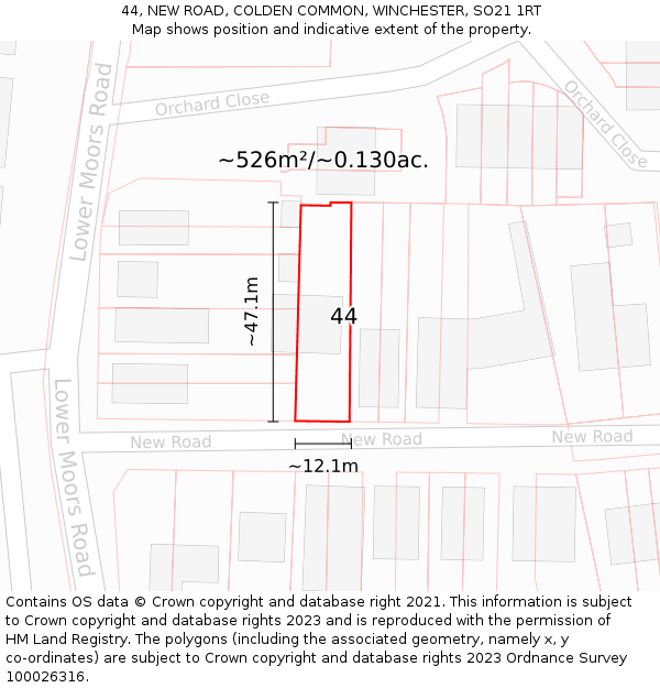 44, NEW ROAD, COLDEN COMMON, WINCHESTER, SO21 1RT: Plot and title map