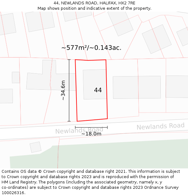 44, NEWLANDS ROAD, HALIFAX, HX2 7RE: Plot and title map