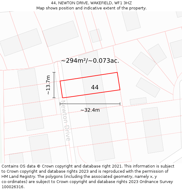 44, NEWTON DRIVE, WAKEFIELD, WF1 3HZ: Plot and title map