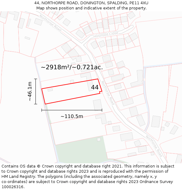 44, NORTHORPE ROAD, DONINGTON, SPALDING, PE11 4XU: Plot and title map