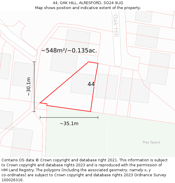 44, OAK HILL, ALRESFORD, SO24 9UG: Plot and title map