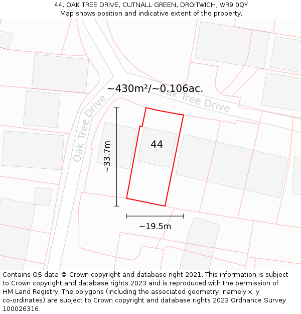 44, OAK TREE DRIVE, CUTNALL GREEN, DROITWICH, WR9 0QY: Plot and title map