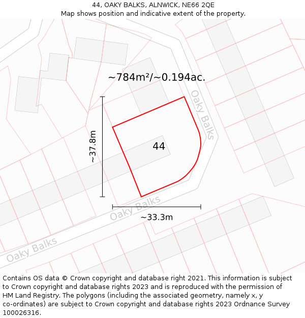 44, OAKY BALKS, ALNWICK, NE66 2QE: Plot and title map